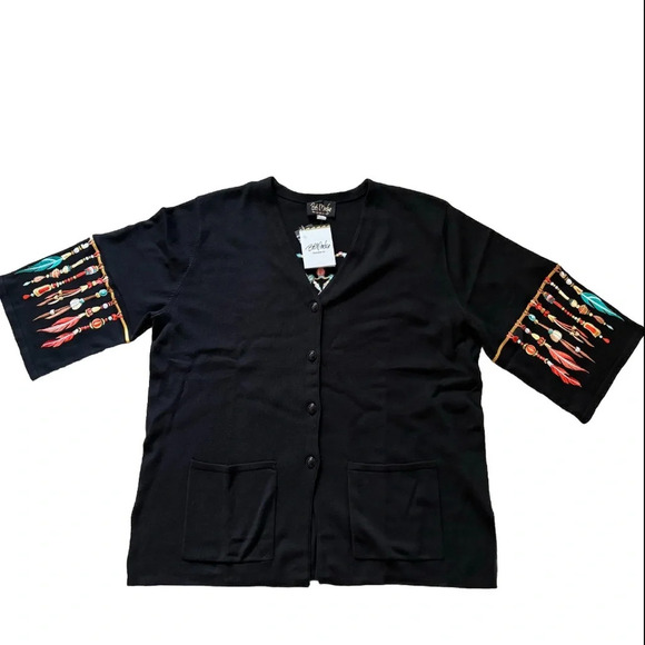 Bob Mackie Dream Catcher Embroidered Cardigan Sweater Wearable Art Black 2X NEW - Picture 1 of 12